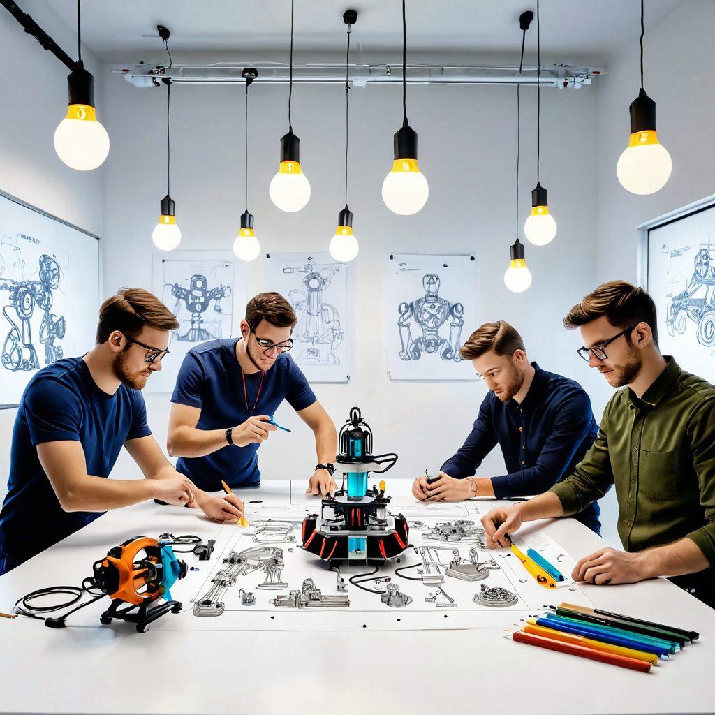A dynamic blend of engineers in a vibrant workshop, showcasing diverse hands-on projects, tools like 3D printers and robots enhancing innovation, scattered sketches of engineering designs on tables, a lightbulb symbolizing ideas hovering above. super-realistic. vibrant colors. white background.