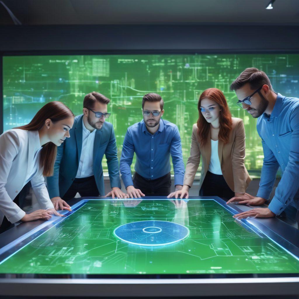 A diverse group of engineers engaged in a collaborative brainstorming session around a futuristic smart table, with holographic blueprints and digital resources floating above. The background features a city skyline with green technologies. The atmosphere is vibrant, showcasing innovation and teamwork. super-realistic. vibrant colors. 3D.