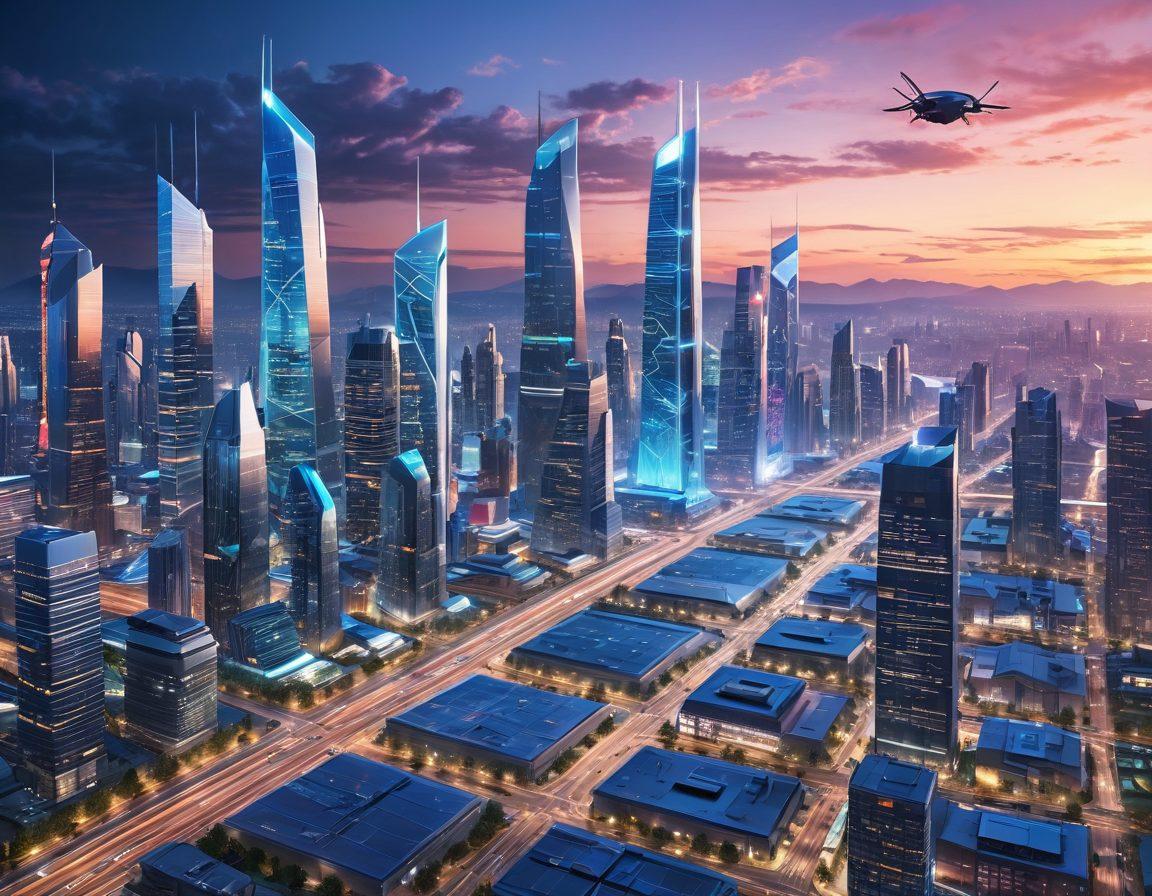 A futuristic city skyline with advanced architecture, flying vehicles, and innovative engineering designs. Incorporate diverse innovators collaborating around holographic blueprints and digital interfaces. Showcase trends like renewable energy sources and smart technology. The atmosphere is vibrant and dynamic, embodying the spirit of innovation. super-realistic. vibrant colors.